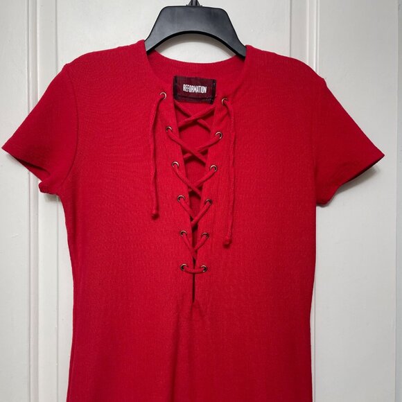 Reformation Caroline Lace-Up Neck Short-Sleeve Mini Dress in Red Size XS - Picture 6 of 13